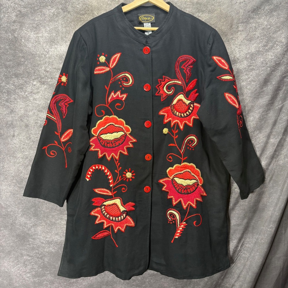 VTG Alex Kim Floral Embroidered Longline Jacket Sz 1X Boho Art to Wear Black Red